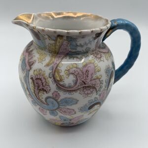 Vintage Ceramic Floral Mini Pitcher Creamer Multicolor Paisley Gold Rim Decor